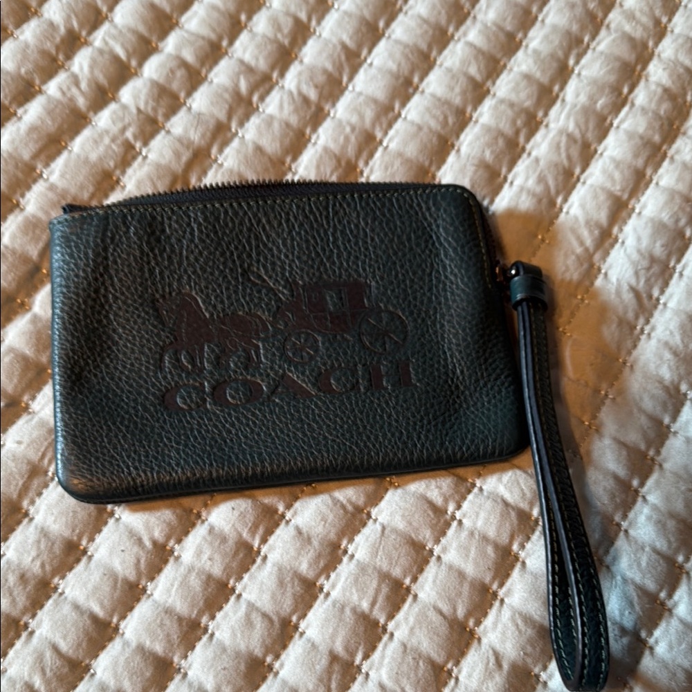 Coach Dark Leather Wristlet with Logo